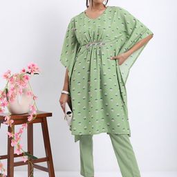 Vishudh Green Floral Printed Kaftan Top with Trousers-17