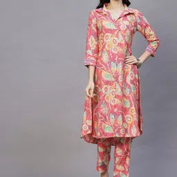 FASHOR Pink & Yellow Floral Printed Shirt Collar A-Line Kurta with Trousers-22