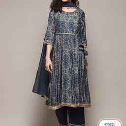 Biba Ethnic Motifs Printed Gotta Patti A-Line Kurta & Palazzos With Dupatta-17