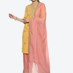 Biba Women Floral Embroidered Sequined Chanderi Cotton Kurta with Palazzos & Dupatta-picture-18