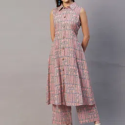FASHOR Pink & Grey Ethnic Printed Shirt Collar A-Line Pure Cotton Kurta with Palazzos-image-54