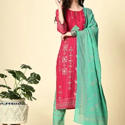 DOISA Ethnic Motifs Printed Mirror Work Straight Kurta With Trousers & Dupatta-47