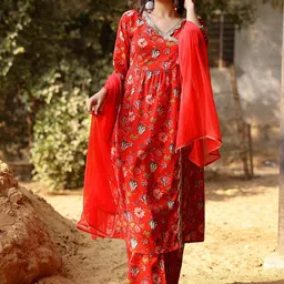 mokshi Floral Printed Regular Pure Cotton Kurta With Palazzo & Dupatta-picture-52