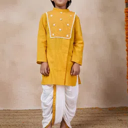 pspeaches Boys Mandarin Collar Floral Yoke Design Regular Thread Work Kurta with Dhoti Pants-13