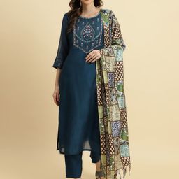 KALINI Floral Yoke Design Sequinned Chanderi Silk Kurta With Trouser & Dupatta-image-74
