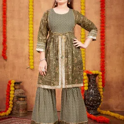 BAESD Girls Ethnic Motifs Printed Pure Cotton A-Line Kurta with Sharara-image-61