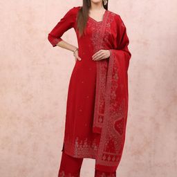 Rangriti Floral Woven Design Sweetheart Neck Straight Kurta With Palazzos & Dupatta-image-35