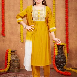 BAESD Girls Yoke Design Empire Thread Work Pure Silk A-Line Kurta with Trousers & Dupatta-image-2