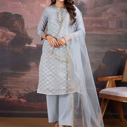 House of Pataudi Woven Design Round Neck Kurta & Trousers With Dupatta-35