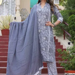 SINGNI Ethnic Motifs Printed Pure Cotton Straight Kurta with Trousers & With Dupatta-49