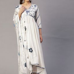 FASHOR White & Navy Blue Floral Embroidered Mirror Work Kurta with Trousers & Dupatta-image-17