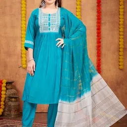 Aarika Girls Geometric Yoke Design Thread Work Pure Silk Kurta With Trousers & Dupatta-picture-9