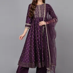 KALINI Ethnic Motifs Printed Anarkali Mirror Work Kurta With Trousers & Dupatta-picture-30