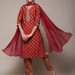 Biba Floral Printed Regular Gotta Patti Kurta With Trousers & Dupatta-picture-26