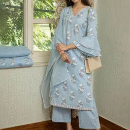 ArtiZenWeaves Floral Printed Cotton Kurta with Trousers & Dupatta-picture-22