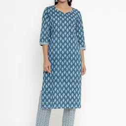 MIRAVAN Women Blue Floral Printed Pure Cotton Kurta with Trousers-image-24
