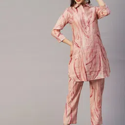 FASHOR Peach-Coloured Abstract Printed Shirt Collar Pathani Kurta with Trousers-picture-6
