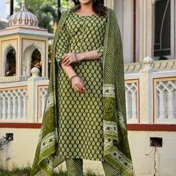 D K W Floral Printed Regular Pure Cotton Straight Kurta With Trousers & Dupatta-picture-3