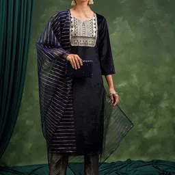Vishudh Blue Ethnic Motifs Yoke Design Thread Work Straight Kurta with Trouser & Dupatta-image-75