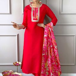KALINI Ethnic Motifs Yoke Design Thread Work Straight Kurta with Trousers & Dupatta-picture-12