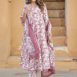 KALINI Floral Printed Regular Thread Work Pure Cotton Kurta with Trouser & With Dupatta-7
