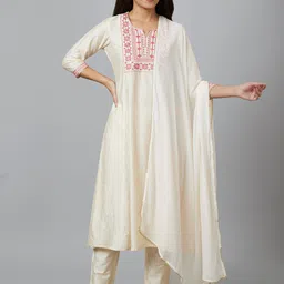 Globus Embroidered Yoke Silver Foil Printed A-Line Kurta With Trousers & Dupatta-11