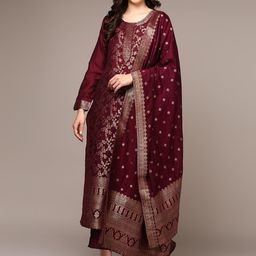 KALINI Floral Woven Design Zari Straight Kurta With Trousers & Dupatta-picture-14