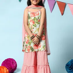 Biba Girls Floral Printed Regular Pure Cotton Kurta With Sharara & Dupatta-picture-29