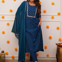 Siya Fashion Women Ethnic Motifs Embroidered Regular Sequinned Kurta with Trousers & With Dupatta-image-50