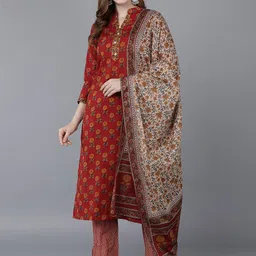 KALINI Floral Printed Regular Pure Cotton Straight Kurta with Trousers & Dupatta-23
