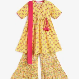 Campana Girls Floral Printed Angrakha Pure Cotton Kurti with Sharara & With Dupatta-image-63