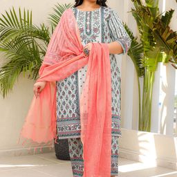 Juniper Floral Printed Sequinned Pure Cotton Plus Size Kurta With Palazzo & Dupatta-image-26