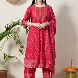 VIDHANI Women Floral Printed Panelled Sequinned Kurta with Trousers & With Dupatta-14