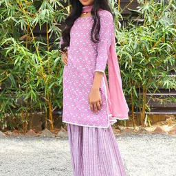 Aks Kids Girls Ethnic Motifs Printed Pure Cotton Kurta with Sharara & Dupatta-image-34