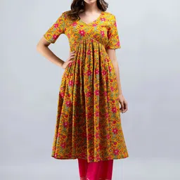 SAK JAIPUR Floral Printed V-Neck Empire Pure Cotton Gotta Patti Kurta With Palazzos-image-29