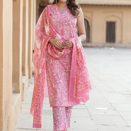 KALINI Floral Printed V-Neck Thread Work Pure Cotton Kurta with Trousers & Dupatta-image-68
