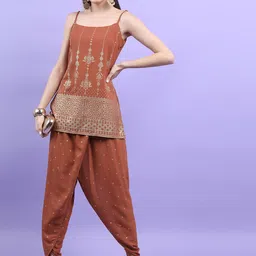 Vishudh Rust Ethnic Motifs Printed Regular Kurta with Dhoti Pants-image-17
