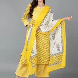 AHIKA Floral Printed Notch Neck Pure Cotton Sequinned Kurta With Palazzos & Dupatta-image-36