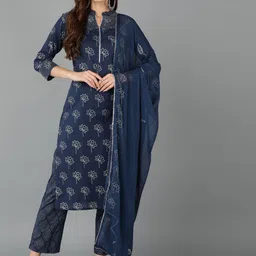 AHIKA Floral Printed Thread Work Pure Cotton Kurta with Trousers & Dupatta-picture-21