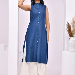 Aspriya Mandarin Collar Sleeveless Pure Cotton Straight Kurta with Palazzos-image-14