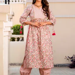 HERE&NOW Floral Printed Gotta Patti Pure Cotton Straight Kurta With Salwar-picture-40