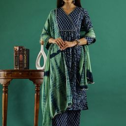 Sangria Floral Printed Pure Cotton Gotta Patti Straight Kurta With Trouser & Dupatta-21