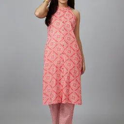 Globus Peach & White Bandhani Printed Regular Pure Cotton Kurta With Trousers-8