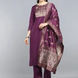 KALINI Ethnic Motifs Yoke Design Straight Kurta & Trousers With Dupatta-picture-41