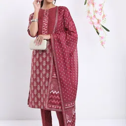 Vishudh Maroon Ethnic Motifs Printed Kurta with Trousers & With Dupatta-picture-2
