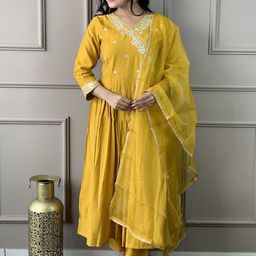 Siya Fashion Floral Embroidered Thread Work V Neck Kurta with Trousers And Dupatta-image-83