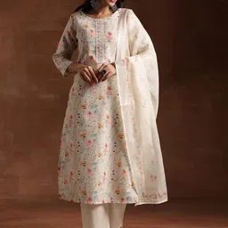 Libas Floral Printed Regular Thread Work Kurta with Trousers & With Dupatta image 3