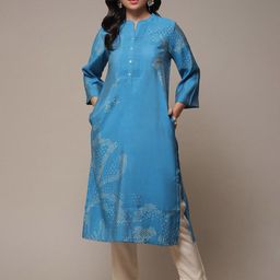 Biba Mandarin Collar Bandhani Printed Straight Kurta with Trousers-31