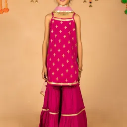 HERE&NOW Girls Pink & Gold-toned Ethnic Motifs Printed Kurta with Sharara & Dupatta-image-51