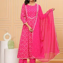 JVSP FASHION Ethnic Motifs Embroidered Round Neck Straight Kurta with Trousers & Dupatta-picture-14